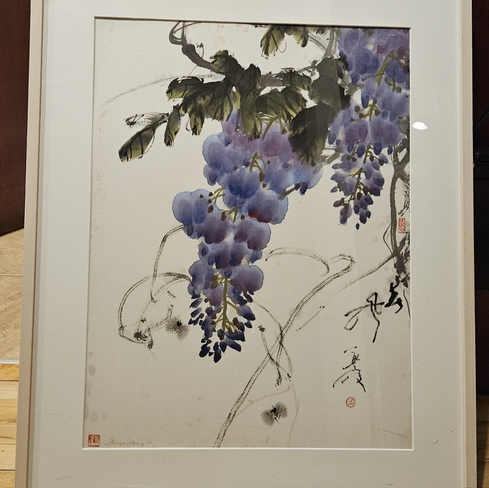 WISTERIA painting Mixed Media Ink and watercolor on rice paper. signed, framed